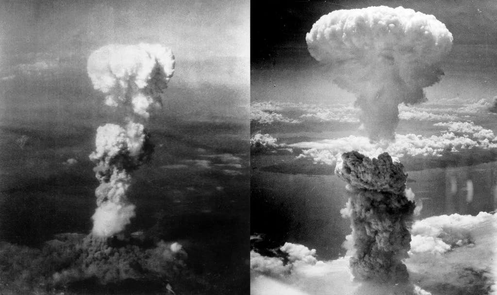 Norii-ciupercă generați de bombele atomice de la Hiroshima (stânga) și Nagasaki (dreapta)