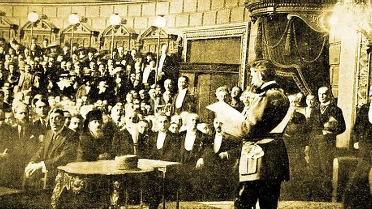 Momentul discursului Regelui Ferdinand I la inaugurarea primului Parlament al României Mari